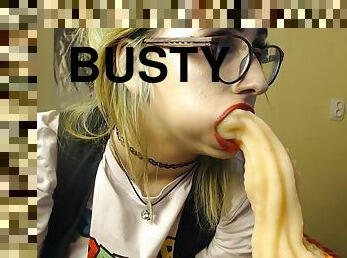 Busty blonde sucking weird anal toys on webcam