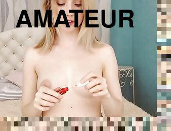 Cute blonde teen in blue panties masturbates on webcam