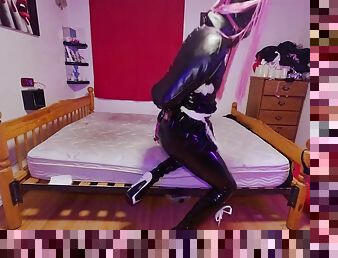 Sissy Maid struggling with a new bracelet and steel chastity belt with a 7 dildo locked inside