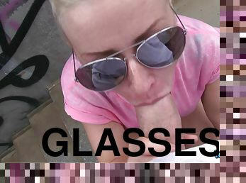 briller, utendørs, offentlig, amatør, blowjob, cum, kåt, pikk