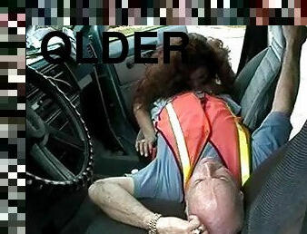 Latina sucks and mounts older road workers cock in parked van