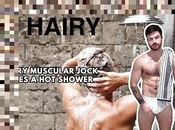 Hairy muscular jock takes a hot shower