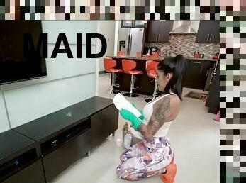 Filming sexy maid clean the kitchen