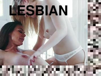 gros-nichons, babes, lesbienne, milf, baisers, blonde, bout-a-bout, brunette