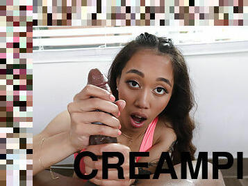 BBC Creampie Bandit Aria Skye - 18yo petite ebony teen gives handjob and rides big black cock in POV hardcore