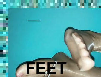 Cumshot on shiny nylon feet footjob teasing sexy feet