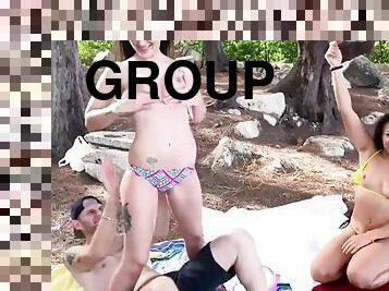 en-plein-air, babes, sexe-de-groupe, quatuor, parc, sucer