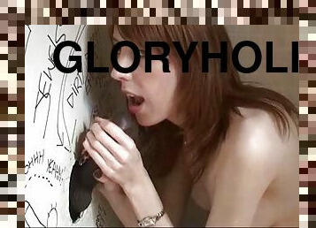 Pale freckled redhead sucks through gloryhole