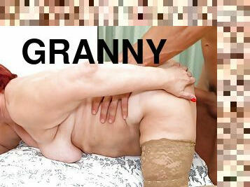 Dashing old granny craves sperm on her saggy tits after rough sex