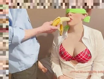 peachy sanchez plays the taste sex game blindfolded tricked in to sucking dick and swallows cum