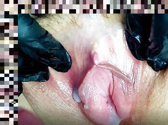 From shaving to orgasm one step. Husband covered my freshly shaved pussy in cum. Powerful orgasm with cream. Close-up.