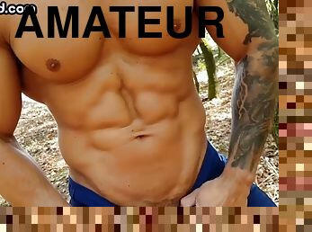 masturbation, en-plein-air, amateur, gay, secousses, solo, rasé, musclé, tatouage, bite