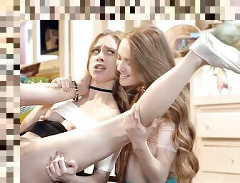 Two hot teens Anya Olsen and sexy Samantha Hayes suck cock at a party