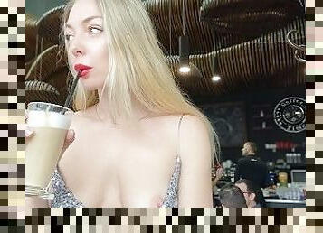 Elegant blonde flashing her nipples in cafe. Public Downblouse.