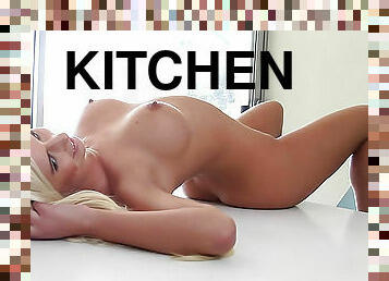 Arousing fake tits out in kitchen