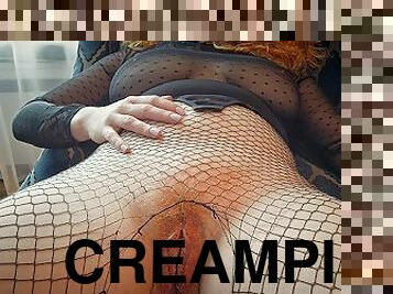 hundestilling, fisse-pussy, milf, mor, creampie, fiskenet, hanrej