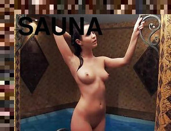 mastürbasyon-masturbation, sauna, tıraş-olmuş, esmer-kadın, muziplik