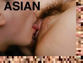 Licking Asian beautiful hairy pussy then fuck it
