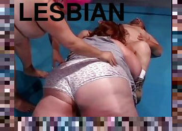 Fat midget girl is sticking a dildo in lesbian midgets pussy