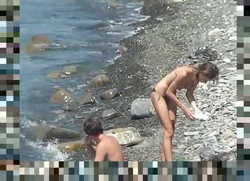 nudisti, vani, amaterski, lutke, kamera, plaža, voajer, toples