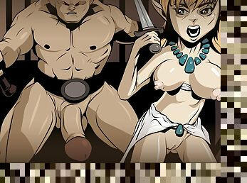 Naked dungeos &amp; dragons fantasy elf girl running from big dicked cave troll in hentai cartoon style.