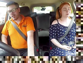 Curvy Ginger public British driving instructor rides in the car
