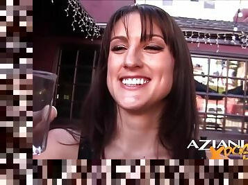 Sexy brunette loves showing off her pussy in public at bar in hollywood