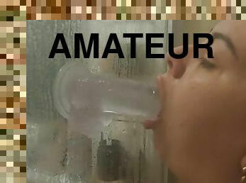 BBW choking and deepthroats dildo in the shower - Huge ass PAWG sucks and gags on plastic penis