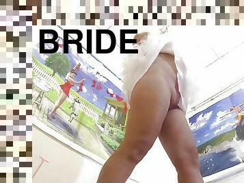 Photo shot. Bride in white dress and have no panties in art gallery.  1