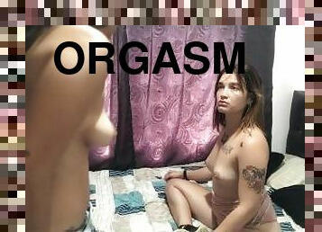 masturbação, orgasmo, cona-pussy, ébona, lésbicas, adolescente, caseiro, dedos, beijando, bonita