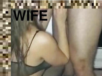 A fucker with a big dick fucks his wife in front of her husband. Threesome sex.