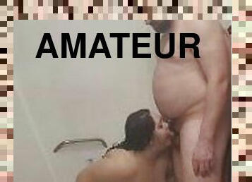 Amateur Bbw slut gives bj in shower