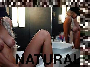 Hot Girl With Big Natural Tits Caresses Her Pussy In A Mirrored Bathroom
