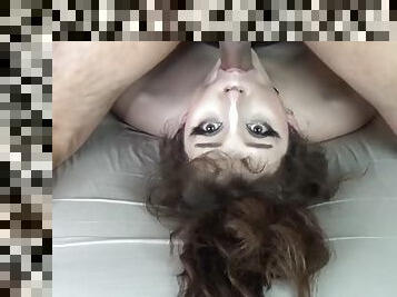 Hot white bitch gives upside down deep blowjob with throbbing cum in throat