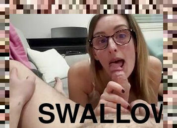 she joins me on the couch to suck me and swallow my cum