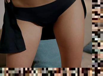 Blonde in black underwear is horny as fuck