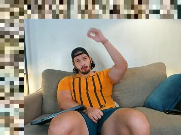 Bigger guy touches him, giant legs, thick and horny webcam show, might end up with cum, big balls, big hands, big lips