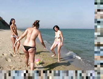 nudist, javno, muca, plaža, trojček, naravno, bikini, obrita