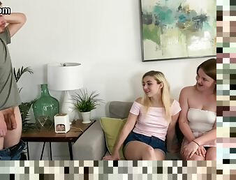 CFNM college chicks blowing hung roommate during threesome