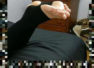 Black stirrup legwarmers footjob