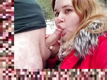 Young chubby Clarice sucks horny dick in the woods, lots of cum on her pretty face and tits