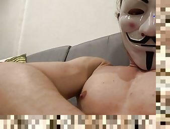 Fit boy jerking off with a mask