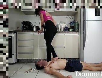 Domme Frenique - First Trampling with Slippers barefoot and kicks