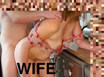 gros-nichons, tricherie, mamelons, femme, amateur, milf, maison, maman, couple, cuisine