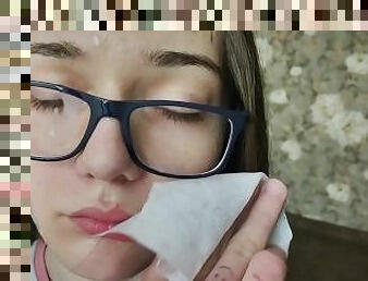 After blowjob, I wiped her face and glasses with a tissue