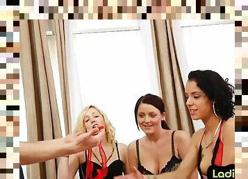 Crossdresser strapon fucked by group of lingerie femdoms