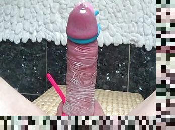 Big White Cock HUGE Cumshot into XL Condom with Vibrator
