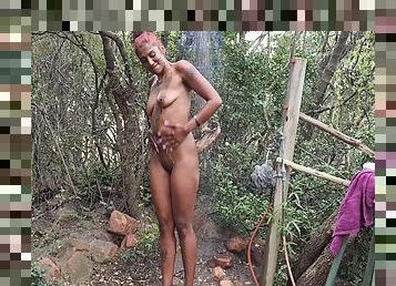 Dark Tattooed Desi Slut Taking A Shower In The Woods At A Nude Resort