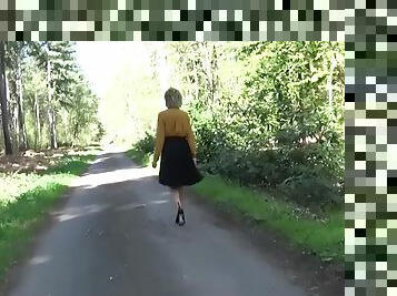 British milf strips on a country road