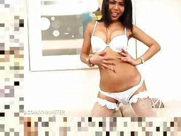 Tanned ladyboy in white fishnets seduces her